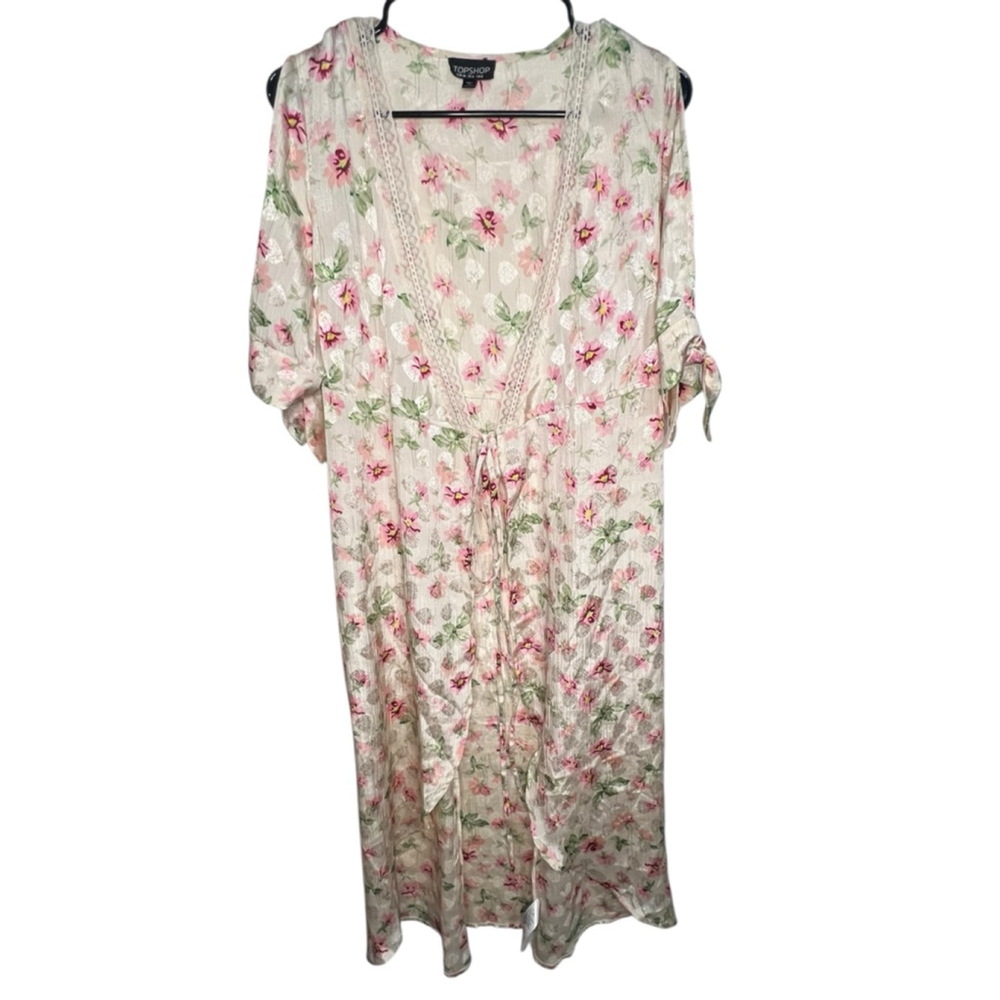 TopShop Floral Lace Trimmed Short Sleeve Cold Shoulder Front Tie Swim Cover Up